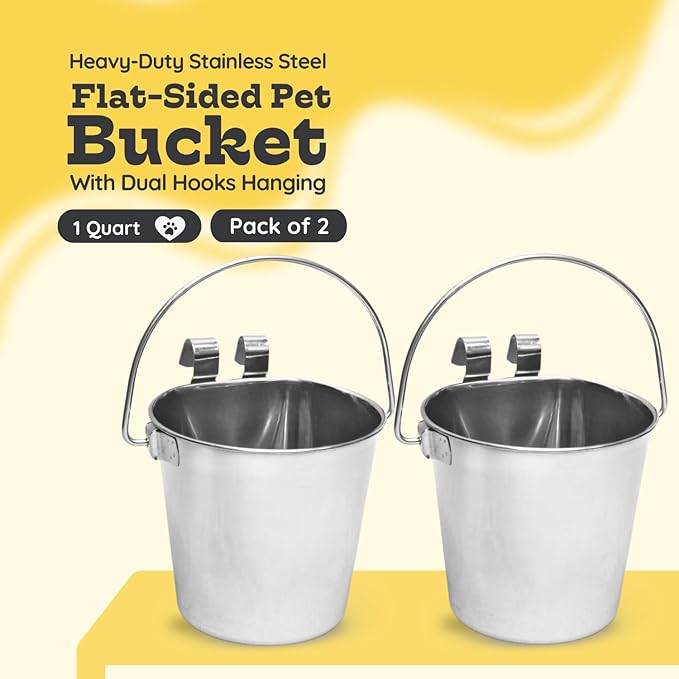 1 Quart Stainless Steel Flat Sided Bucket with Dual Hooks | 2 Pcs Durable Food & Water Bowl for Dog Cats Bird & Small Animals | Fits kennel Cage Crates Hanging Pet Pail | Multipurpose use