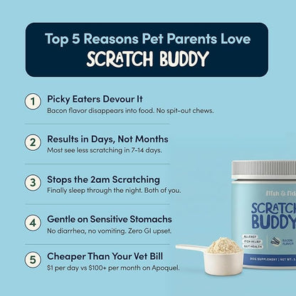 Scratch Buddy Dog Allergy Relief Powder with Colostrum, Spirulina & Turkey Tail Mushroom - Natural Itch Relief for Dogs - Anti Itch Supplement for Seasonal Allergies, Skin Health & Paw Licking - Bacon