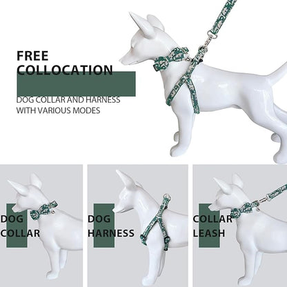 Dog Collar and Harness with Leash Set, Breathable Puppy Harnesses for Small Dogs, No Pull Easy Walking Pet Harness, Green, S