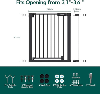 Babelio Baby Gate for Doorways and Stairs, 31-36" Pet Gate with Wide Walk Thru Door and Lock Indicator, No Drill Pressure Mounted Safety Gate with Double Lock and Self-Closing, Black
