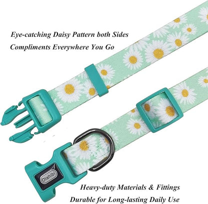 Dog Collar Leash Set, Floral Pattern, Polyester Material, Adjustable Collar and 5ft Matchcing Leash, for Puppy Dogs.(XS, Light Green Daisy)