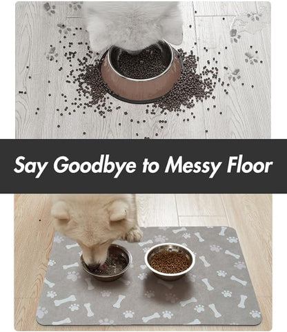MontVoo Dog Food Mat-Pet Feeding Mat for Food and Water-No Stains Quick Dry Dispenser Cat Bowl Mat for Messy Drinkers(16"X24" Grey)