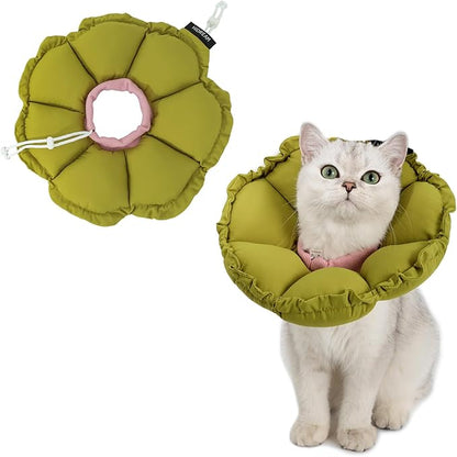 H HIDREAM Soft Cat Cone Collar， Cute Adjustable Cat Recovery Collar，Elizabethan e Collar that can Protect Head and Foot Wounds，Green Flower All-Season Style