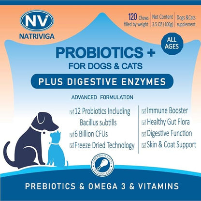 Freeze-Dried Probiotics for Dogs with Enzymes, Omega-3 & Zinc - 6B CFUs, 12 Strains + Prebiotics for Gut, Skin & Coat, Immune & Sensitive Stomach Support - Chicken Flavor, 120 Chews