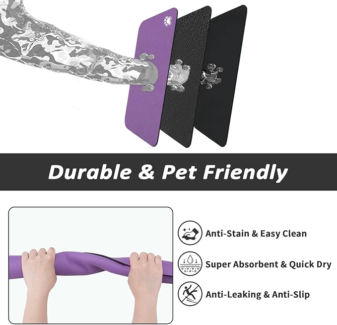 HotLive Dog Food Mat - Absorbent Cat Mat for Food and Water, No Stains Pet Feeding Bowl Mat, Easy to Clean Pet Placemats, Quick Dry Dog Water Dispenser Mat for Messy Drinkers | Paw Purple 18"x 28"
