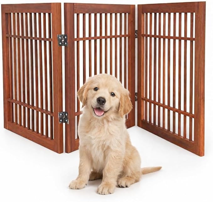 Urnporium Freestanding Wooden Dog Gate Foldable Indoor Pet Gate No Drill Expandable Barrier for Doorways Stairs Hallways Portable Wood Fence for Small Dogs & Puppies (Brown Pet Gate, 3 Panel 24" Tall)