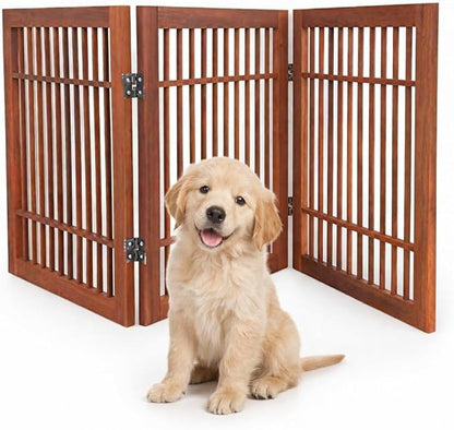 Urnporium Freestanding Wooden Dog Gate Foldable Indoor Pet Gate No Drill Expandable Barrier for Doorways Stairs Hallways Portable Wood Fence for Small Dogs & Puppies (Brown Pet Gate, 3 Panel 24" Tall)