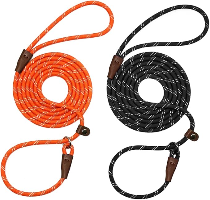WYUZE 2-Pack 8ft Slip Lead Dog Leash, Reflective No Pull Dog Training Lead, 1/3" Nylon Rope Easy On/Off Slip Control Leash for Small Medium Dogs (Black+Orange)