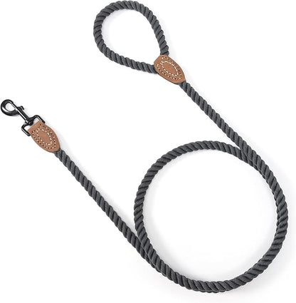 Mile High Life Dog Leash, Braided Cotton Rope Leashes with Leather Tailor Tip with Leather Tip - Heavy Duty Metal Clasp, 6FT, 1/2" Thick - Wedding, Walking for Medium Large Dogs(Dark Gray)