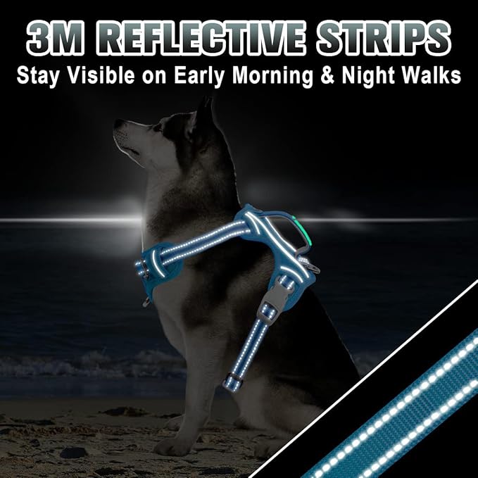 BARKBAY No Pull Dog Harness Large Reflective Dog Harness with Front Clip and Easy Control Handle for Walking Training Running with ID tag Pocket(Blue,L)