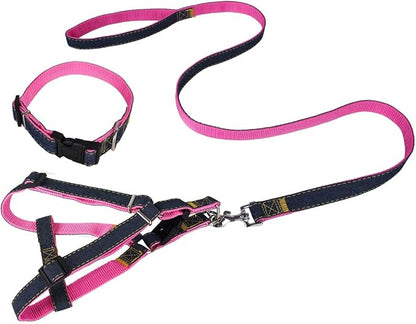 Denim Pet Dog Collar Harness Leash Set for Puppy Dog Cat, Adjustable Dog Harness Vest Collar Lead S/M/L/XL