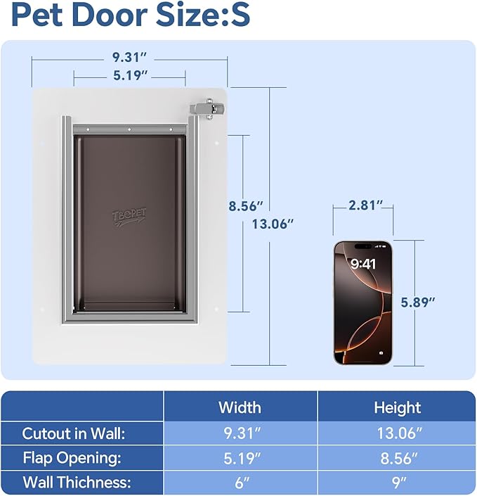 Pet Door for Wall - Steel Frame, Telescoping Tunnel & Double Silicone Flaps Dog Door, Cat Doors with Secure Lock (Cat Up to 10 lbs) - Small