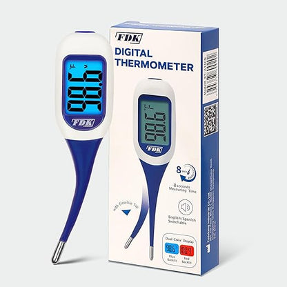 FDK Large LCD Screen Digital Thermometer for Fever, 8 Seconds Fast & Accurate Readings, Large LCD Dual Color Backlight Flexible Tip Ideal for Adults Kids and Babies FSA