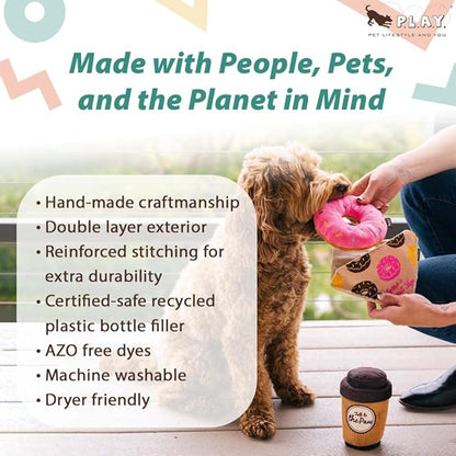 P.L.A.Y. Cute Plush Dog Toys - Coffee Shop Food Themed Durable Squeaker Chew Toy, Great for Puppies & Small, Medium, Large Dog Breeds - Machine Washable, Recycled Materials (Pup Cup Cafe Doggo's Java)