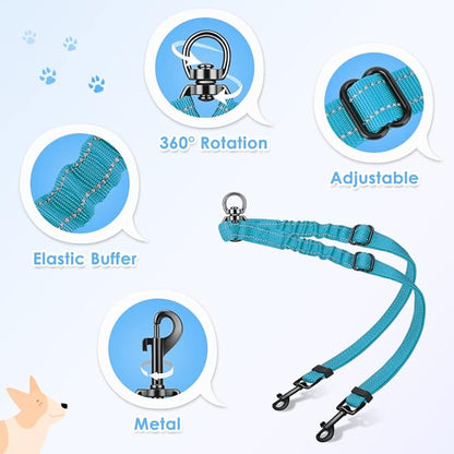 AUTOWT Double Dog Leash, No Tangle 360°Swivel Rotation Reflective Lead Attachment Adjustable Length Dual Two Dogs Lead Splitter, Comfortable Shock Absorbing Walking Training for 2 Dogs