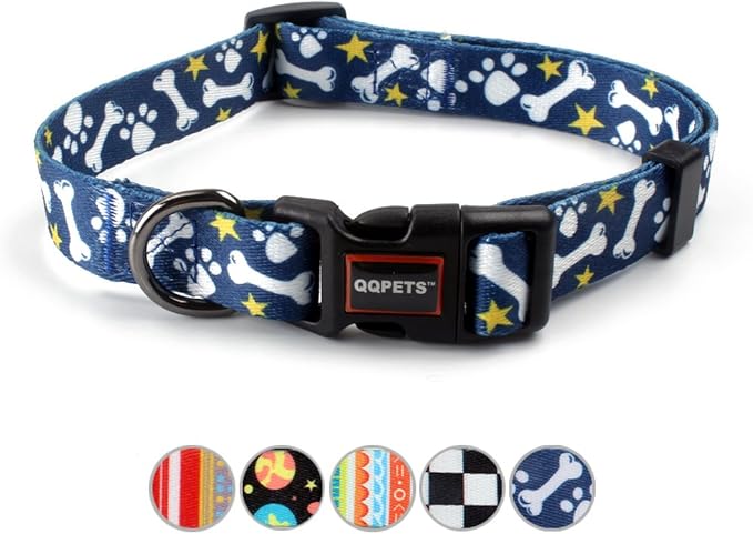 QQPETS Adjustable Soft Dog Collar: Print Flower Pink Multicolor Cute Patterns for XS Small Medium Large Pet Girl Boy Puppy Walking Running Training (S, Bone)