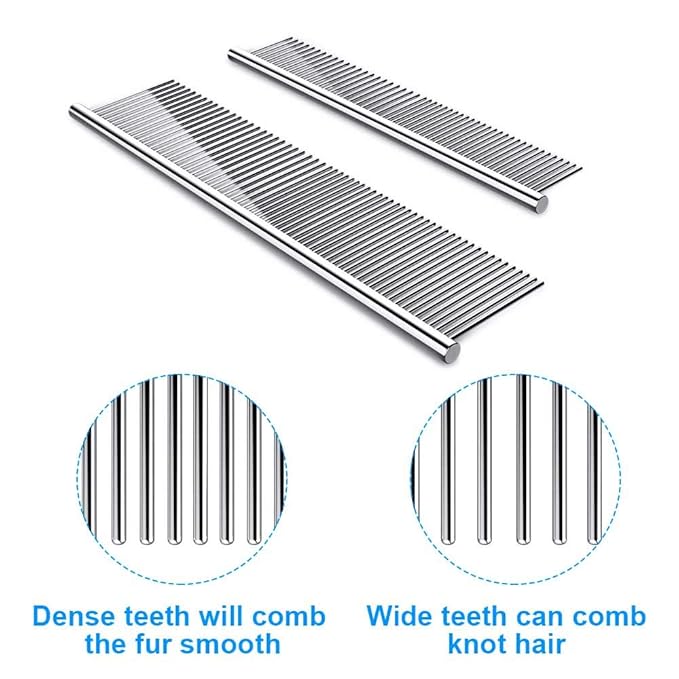 Cafhelp 2 Pack Dog Combs with Rounded Ends Stainless Steel Teeth, Cat Comb for Removing Tangles and Knots, Professional Grooming Tool for Long and Short Haired Dog, Cat and other pets, 6.3IN/7.4IN