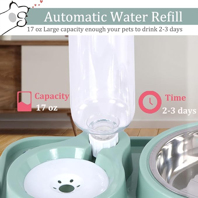 Dog Bowls, Non-Slip Puppy Cat Food and Water Bowl Set with Water Dispenser and Stainless Steel Bowl Detachable Gravity Pet Feeder and Waterer Set for Cats Dogs Puppy Rabbit (Pink, 500ML)