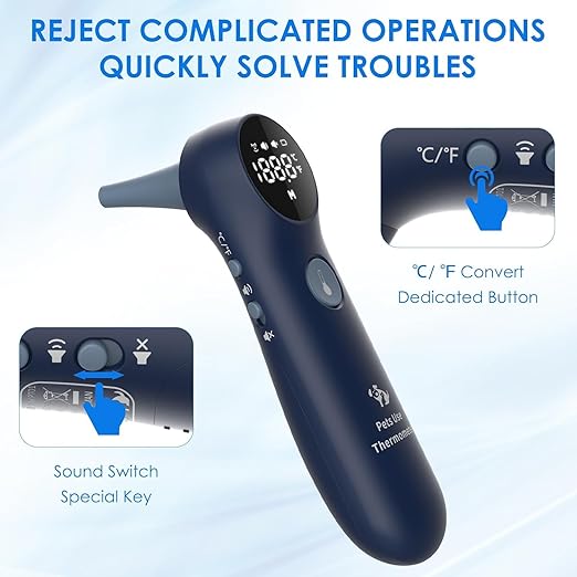 Pet Ear Thermometer for Dogs, Cats, and Livestock, Long Probe Designed, ℃/ ℉ Convert and Sound Switch Dedicated Button, 1 Second Measurement, 20 pcs Pet Swabs Included