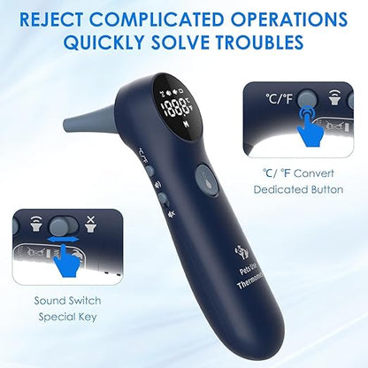 Pet Ear Thermometer for Dogs, Cats, and Livestock, Long Probe Designed, ℃/ ℉ Convert and Sound Switch Dedicated Button, 1 Second Measurement, 20 pcs Pet Swabs Included