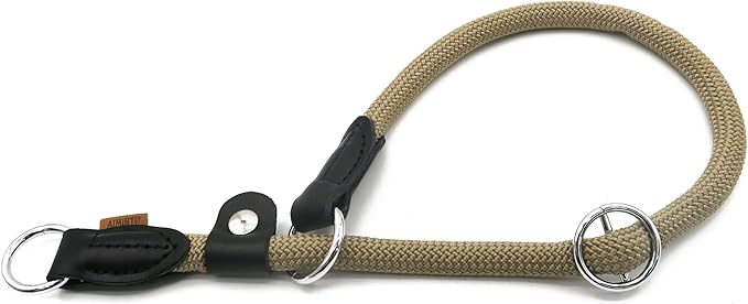 Braided Round Martingale Dog Collar, Training Collar with Slidable Stop Ring and Adjustable Stopper - Ideal for Extra Large Dogs (XL(1/2") - 24" Long, Khaki)