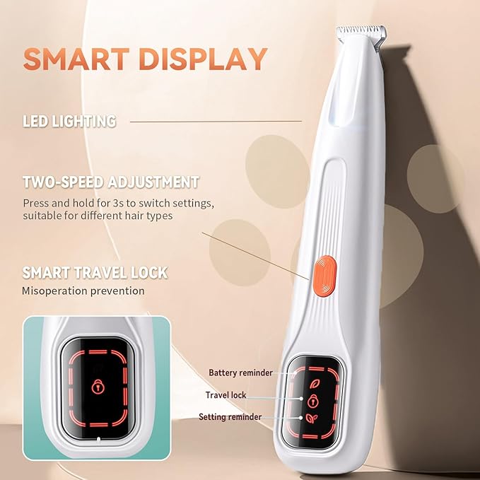 2026 New Pet Precision Trimmer, Dog Paw Trimmer with LED Light, Low Noise, IP68 Waterproof, Dual-Speed Motor, Suit for Trimming Paw, Ear, Face, Butt, Eyebrows, USB Rechageble (White Variant)