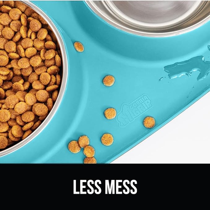 GORILLA GRIP Feeding Mat Bowl Set, 100% Waterproof BPA Free Silicone, 304 Stainless Steel Cat and Dog Bowls for Food and Water, Slip Resistant, High Edge, US Designed, Patent Pending, 1 Cup Turquoise