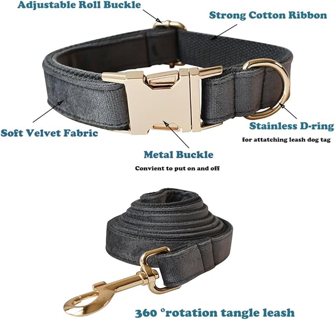 Love Dream Velvet Dog Collar and Leash Set, Soft & Comfy Adjustable Dog Leash and Collar with Heavy Duty Metal Buckle for Small Medium Large Dogs Training & Walking (Medium, Dark Grey)