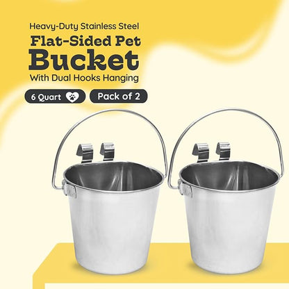 6 Quart Stainless Steel Flat Sided Bucket with Dual Hooks | 2 Pcs Food & Water Bowl for XL Dog Goat Cattle Horse & Livestock | Fits kennel Crate Cages Farm Hanging Pet Pail | Multipurpose