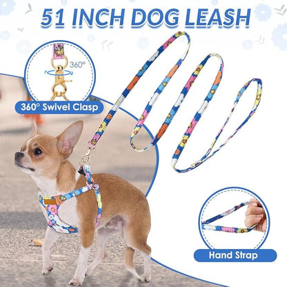 Lukovee Puppy Harness and Leash Set, No Pull Lightweight Soft Suede Adjustable Pet Harness Vest with Snap Buckle for Puppy Small and Medium Size Dog (Blue Flower, XXS)
