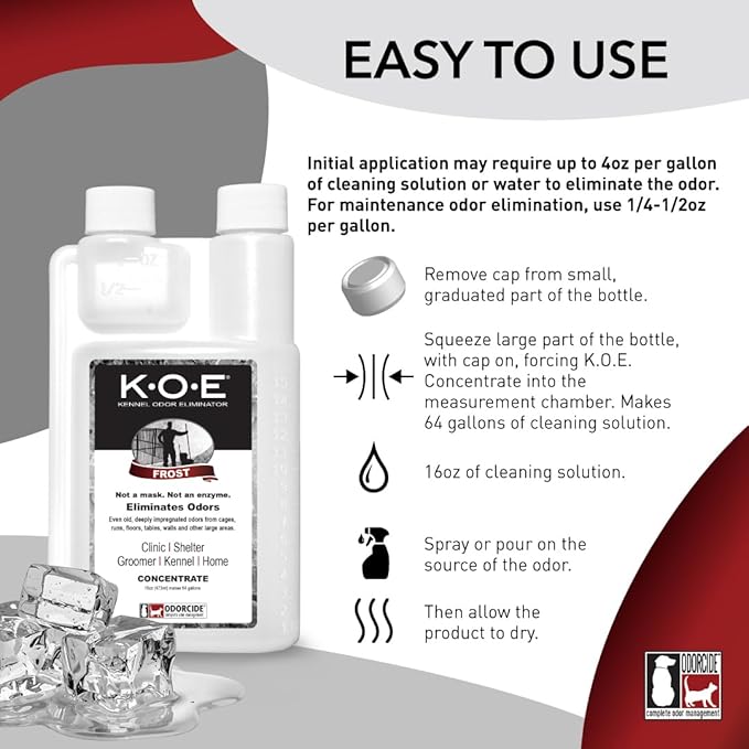 Odorcide K.O.E Kennel Odor Eliminator Concentrate – For Cages, Runs & More – For Home & Kennel w/Safe, Non-Enzymatic Formula - Frost Scent -16 oz