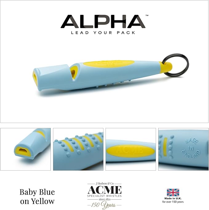 ACME Alpha 210.5 Professional Dog Training Whistle with Enhanced Ergonomic Grip. BPA-Free Plastic. 110 dBA. Standardized Frequency for Smaller Dogs. Weatherproof. Made in the UK (Baby Blue on Yellow)