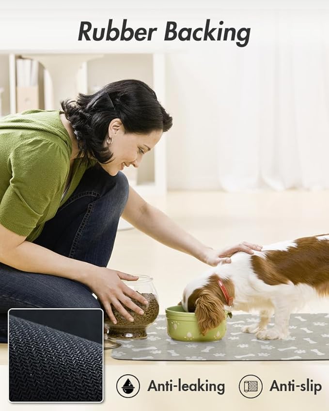 MontVoo Dog Food Mat-Pet Feeding Mat for Food and Water-No Stains Quick Dry Dispenser Cat Bowl Mat for Messy Drinkers(14"x22" Grey)
