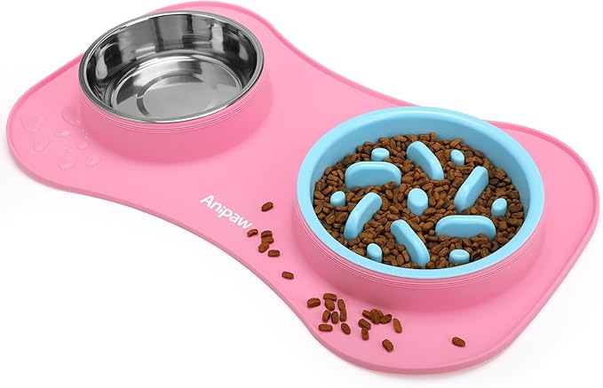 Anipaw Slow Feeder Dog Bowls 3 in 1 Stainless Steel Dog Food and Water Bowls with Non-Spill Non-Skid Silicone Mat to Slow Down Eating for Large Medium Small Breed Size Dogs and Cats (Pink Blue)