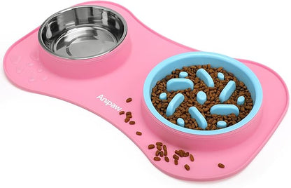 Anipaw Slow Feeder Dog Bowls 3 in 1 Stainless Steel Dog Food and Water Bowls with Non-Spill Non-Skid Silicone Mat to Slow Down Eating for Large Medium Small Breed Size Dogs and Cats (Pink Blue)