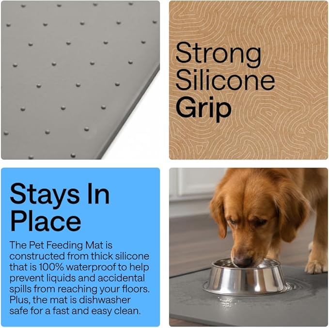 GORILLA GRIP 100% Waterproof Raised Edge BPA Free Silicone Pet Feeding Mat, Dog Cat Food Mats Contain Spills Protects Floors, Placemats for Cats and Dogs Water Bowl, Pets Accessories 28x18 Gray
