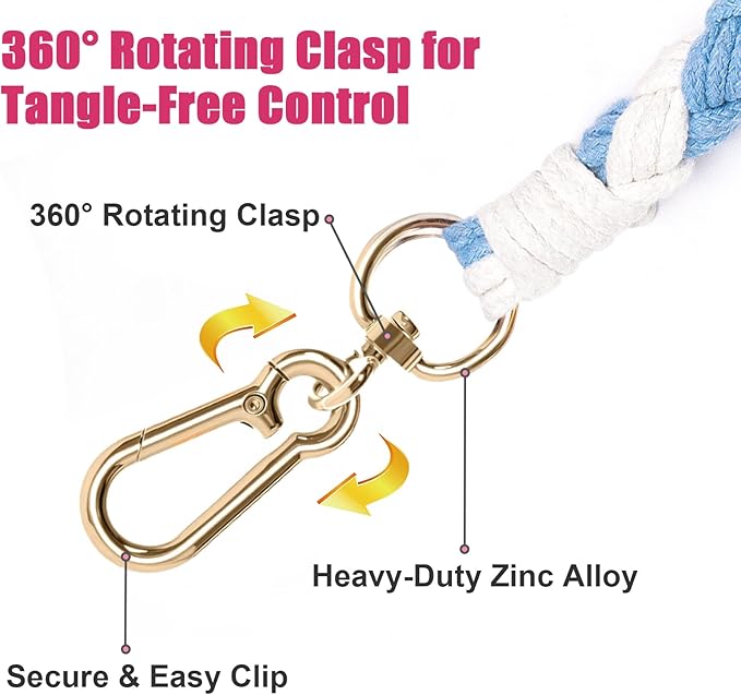 Handmade 5ft Braided Cotton Dog Leash with Unique Floral Handle, Durable and Stylish, Ideal for Small to Large Dogs,Blue & White Color