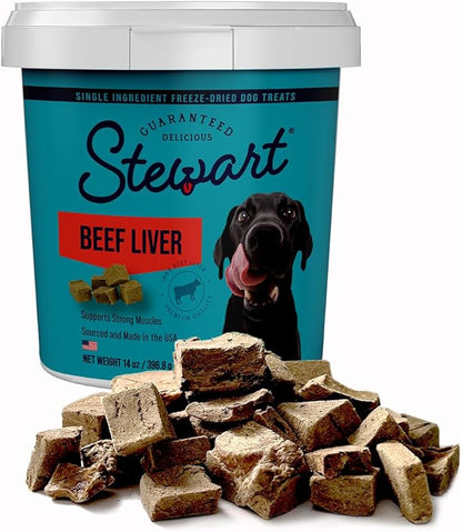 Stewart 100% Beef Liver Dog Treats, 14 oz Tub, ~315 Pieces, Freeze Dried Raw, Single Ingredient, 50% Protein Training Treats or Meal Topper, Grain Free, Gluten Free