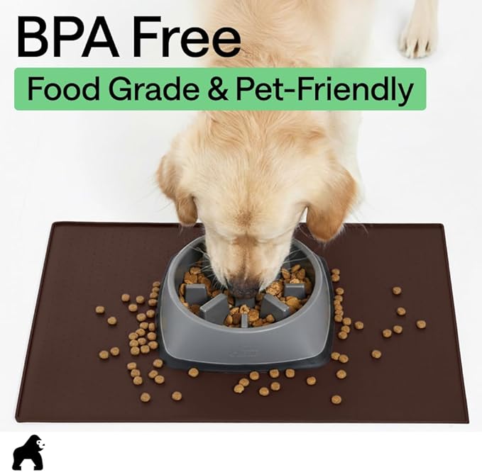 GORILLA GRIP 100% Waterproof Raised Edge BPA Free Silicone Pet Feeding Mat, Dog Cat Food Mats Contain Spills Protects Floors, Placemats for Cats and Dogs Water Bowl, Pets Accessories 16x10, Brown