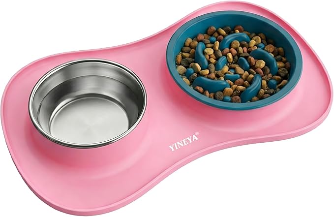 YINEYA Slow Feeder Dog Bowls Stainless Steel Food and Water Bowl Set 3 in 1 No Spill Waterproof Silicone Pet Food Mat Puppy Feeding Station for Large Medium Small Breed Non Slip Metal Dish Tray