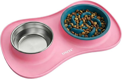 YINEYA Slow Feeder Dog Bowls Stainless Steel Food and Water Bowl Set 3 in 1 No Spill Waterproof Silicone Pet Food Mat Puppy Feeding Station for Large Medium Small Breed Non Slip Metal Dish Tray