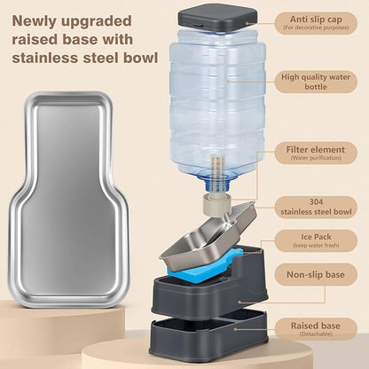 2.2 Gallon Pet Automatic Dog Water Dispenser Cat Gravity Waterer Feeder with Stainless Steel Bowl Large Capacity Puppy Feeding Raised Bowls with Filter,Ice Pack for Large Pets