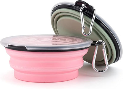 SLSON Collapsible Pet Feeder, 2 Pack Dog Bowls with Cover Lids, Portable Foldable Cat Water Dish Bowl for Pets, Small, Fairy Pink and Sprout Green