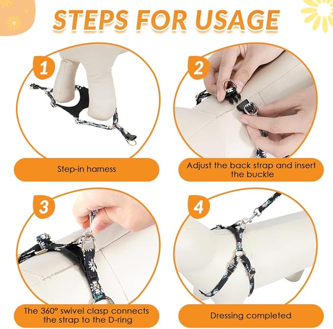 SlowTon No Pull Dog Harness with Leash - Soft Lightweight Floral Pattern Puppy Harness, Adjustable Pet Harness for Small Medium Dogs (Black Daisy XS)