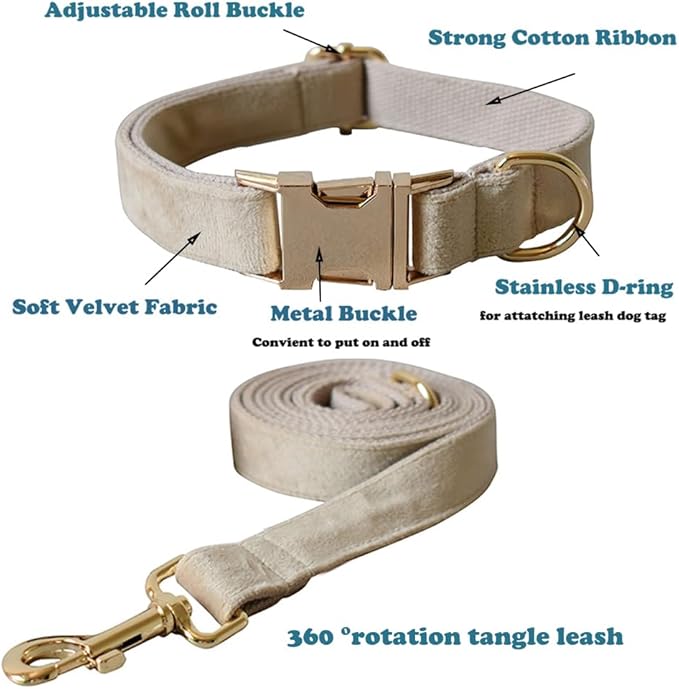 Love Dream Velvet Dog Collar and Leash Set, Soft & Comfy Adjustable Dog Leash and Collar with Heavy Duty Metal Buckle for Small Medium Large Dogs Training & Walking (XLarge, Skin Color)