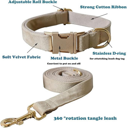 Love Dream Velvet Dog Collar and Leash Set, Soft & Comfy Adjustable Dog Leash and Collar with Heavy Duty Metal Buckle for Small Medium Large Dogs Training & Walking (Medium, Skin Color)
