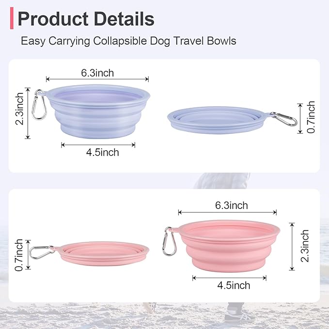 Kytely Collapsible Dog Bowls Medium, 2Pack Foldable Dog Travel Bowl, Portable Pet Water Food Bowl with Clasp, Pet Cat Feeding Cup Dish for Traveling, Walking, Hiking (Lavender & Pink)