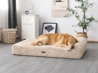 KOPEKS Orthopedic Memory Foam Dog Bed 7" Inch Thick Extra Large Dog Bed with Pillow Fluffy Brown 50"x34"x10" Includes Waterproof Liner & Durable Removable Cover with Smart Design