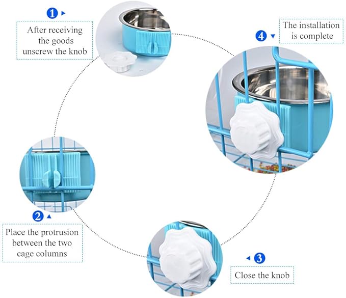 Pet Hanging Bowl 2-in-1 Removable Stainless Steel Food Hanging Bowl for Puppy/Cat, Andiker Pet Bowl Hanging Cage Large Water Food Feeder for Dogs Cats (Large, Blue)