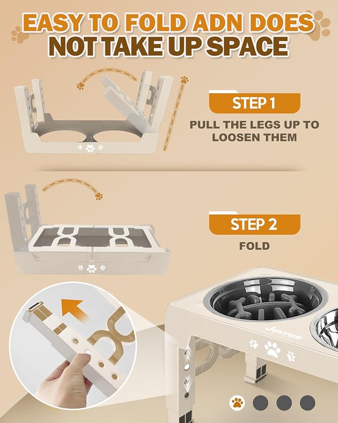 Jovrun Elevated Dog Bowls for Medium Large Size Dogs, Non-Slip Dog Feeder with 1*Stainless Steel Dishes & 1*Slow Feeder Bowl, 5 Heights Adjustable Raised Bowls to 3.15″-8.66″-9.84″-11.02″-12.2″